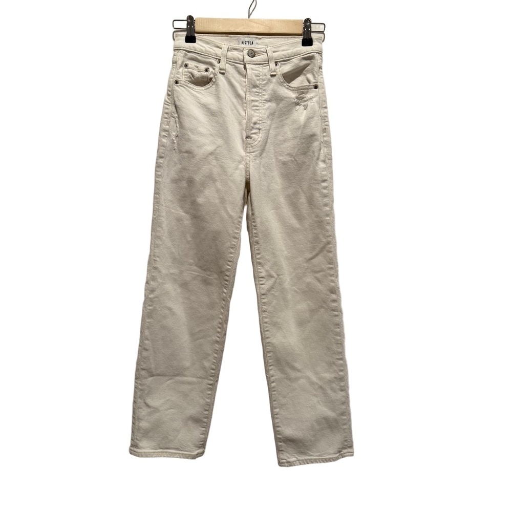 PISTOLA jeans SandV Off White High Waisted Straight Leg Distressed size 24 EUC